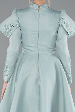 İşlemeli Uzun Kol Dik Yaka Midi Tesettür Abiye ABK2351