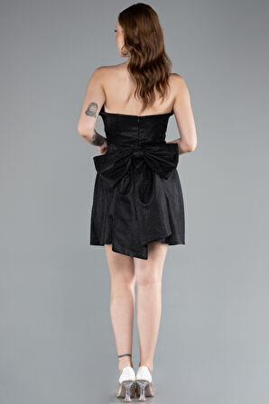 Straplez Beli Kurdelalı Mini Simli Abiye Elbise ABK2354