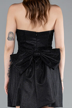 Straplez Beli Kurdelalı Mini Simli Abiye Elbise ABK2354