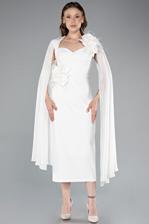 Şal Kol Çiçek Aksesuarlı Midi Davet Elbisesi ABK2355