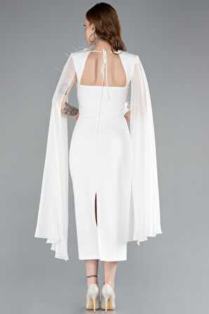 Şal Kol Çiçek Aksesuarlı Midi Davet Elbisesi ABK2355