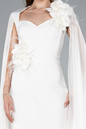 Şal Kol Çiçek Aksesuarlı Midi Davet Elbisesi ABK2355