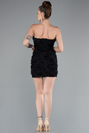 Straplez Çiçek Aplikeli Mini Davet Elbisesi ABK2359