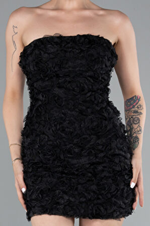 Straplez Çiçek Aplikeli Mini Davet Elbisesi ABK2359