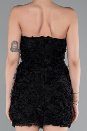 Straplez Çiçek Aplikeli Mini Davet Elbisesi ABK2359