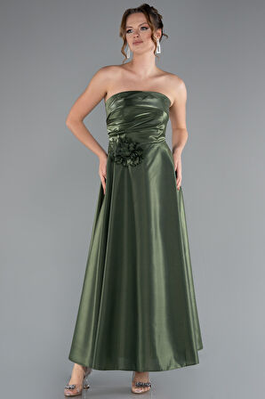 Straplez Midi Saten Davet Elbisesi ABK2363