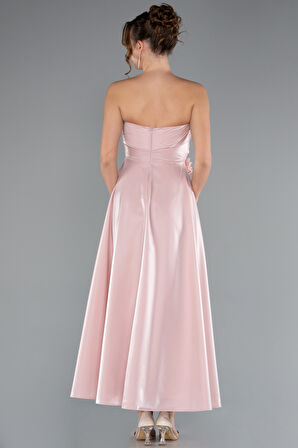 Straplez Midi Saten Davet Elbisesi ABK2363