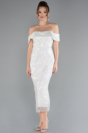 Kayık Yaka Midi Pullu Davet Elbisesi ABK2364