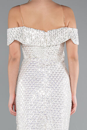 Kayık Yaka Midi Pullu Davet Elbisesi ABK2364