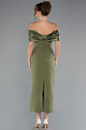 Kayık Yaka Taşlı Midi Büyük Beden Davet Elbisesi ABK2379