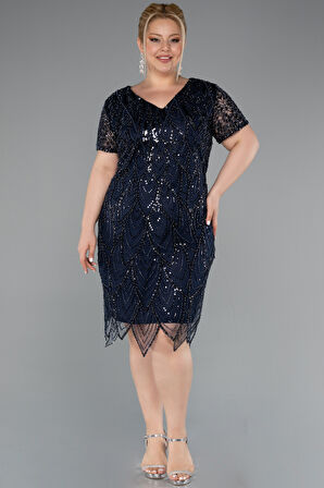 Kısa Kol V Yaka Taşlı Büyük Beden Davet Elbisesi ABK2380