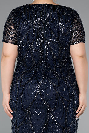 Kısa Kol V Yaka Taşlı Büyük Beden Davet Elbisesi ABK2380