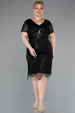 Kısa Kol V Yaka Taşlı Büyük Beden Davet Elbisesi ABK2380
