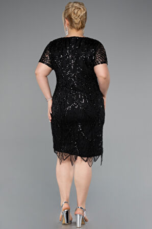 Kısa Kol V Yaka Taşlı Büyük Beden Davet Elbisesi ABK2380