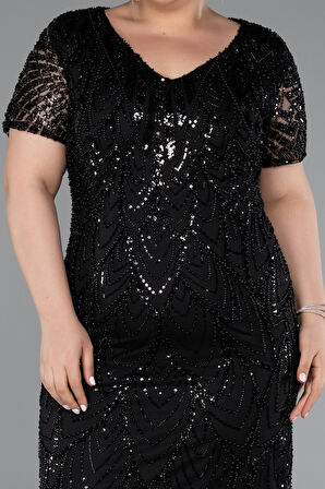 Kısa Kol V Yaka Taşlı Büyük Beden Davet Elbisesi ABK2380