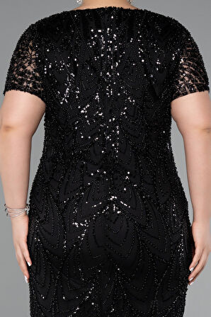 Kısa Kol V Yaka Taşlı Büyük Beden Davet Elbisesi ABK2380