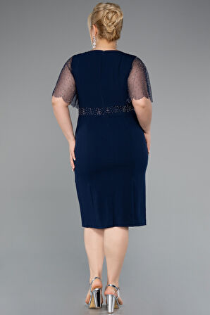 Taşlı Kısa Kol Midi Büyük Beden Davet Elbisesi ABK2381