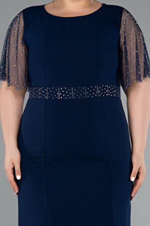 Taşlı Kısa Kol Midi Büyük Beden Davet Elbisesi ABK2381