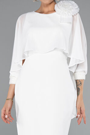 Pelerin Kapri Kol Midi Şifon Davet Elbisesi ABK2382