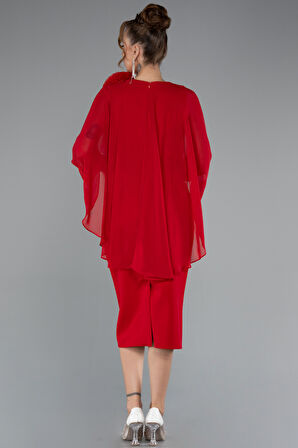 Pelerin Kapri Kol Midi Şifon Davet Elbisesi ABK2382