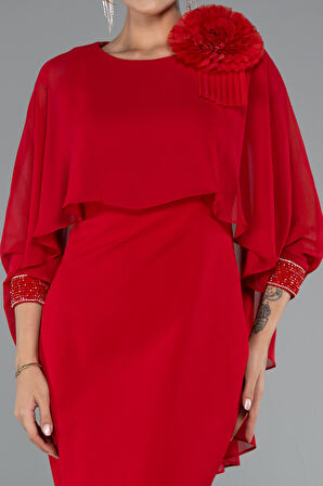 Pelerin Kapri Kol Midi Şifon Davet Elbisesi ABK2382