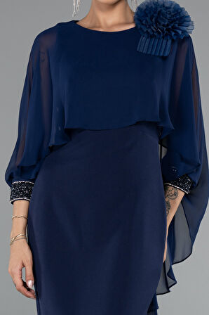 Pelerin Kapri Kol Midi Şifon Davet Elbisesi ABK2382