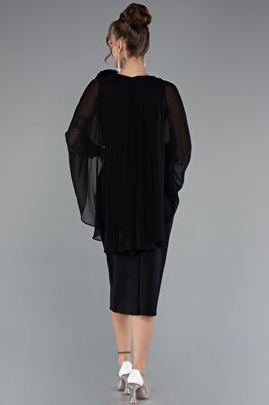 Pelerin Kapri Kol Midi Şifon Davet Elbisesi ABK2382