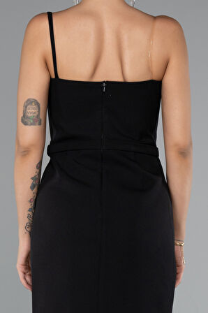 Taşlı Tek Omuz Yırtmaçlı Midi Davet Elbisesi ABK2385