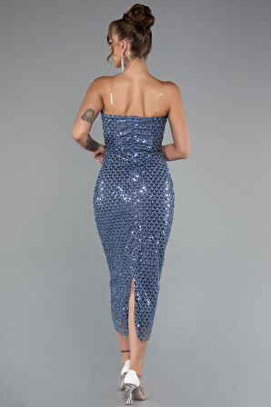 Straplez Midi Pullu Davet Elbisesi ABK2389