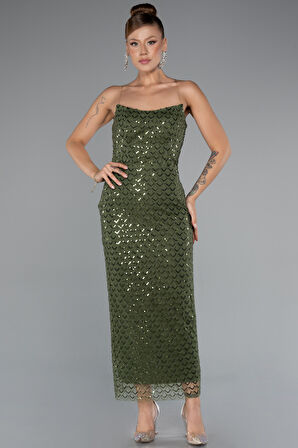 Straplez Midi Boncuklu Gece Elbisesi ABK2398