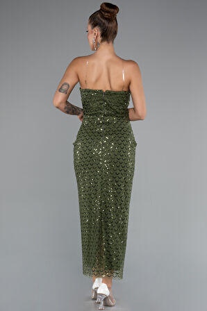 Straplez Midi Boncuklu Gece Elbisesi ABK2398