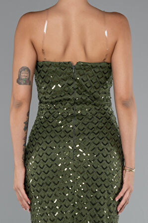 Straplez Midi Boncuklu Gece Elbisesi ABK2398