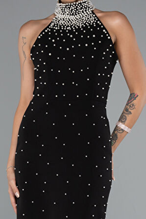 Halter Yaka Boncuklu Midi Davet Elbisesi ABK2399