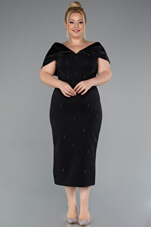 Kayık Yaka Taşlı Midi Büyük Davet Elbisesi ABK2400