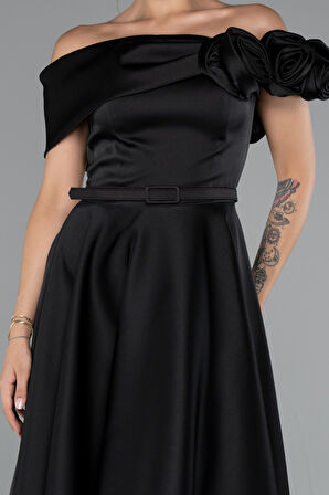 Gül Detay Kayık Yaka Kemerli Midi Saten Abiye ABK2410