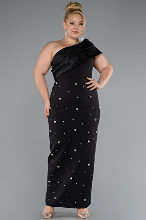 Tek Omuz Taşlı Midi Büyük Beden Davet Elbisesi ABK2414