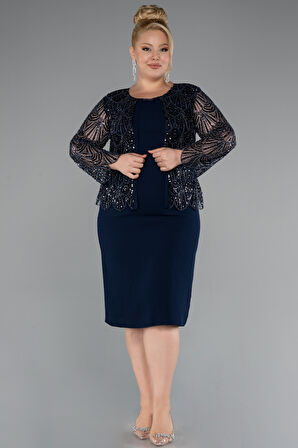 Taşlı Uzun Kol Midi Büyük Beden Davet Elbisesi ABK2417