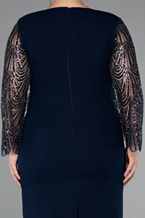 Taşlı Uzun Kol Midi Büyük Beden Davet Elbisesi ABK2417