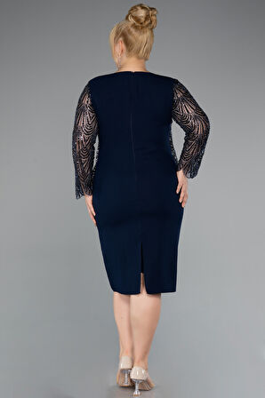 Taşlı Uzun Kol Midi Büyük Beden Davet Elbisesi ABK2417