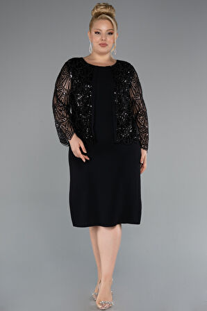 Taşlı Uzun Kol Midi Büyük Beden Davet Elbisesi ABK2417