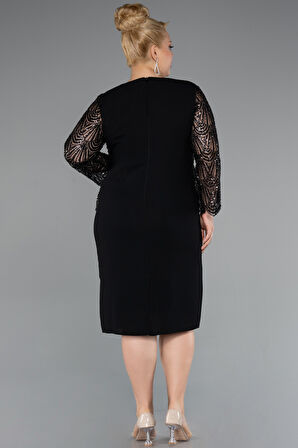 Taşlı Uzun Kol Midi Büyük Beden Davet Elbisesi ABK2417