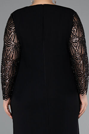 Taşlı Uzun Kol Midi Büyük Beden Davet Elbisesi ABK2417