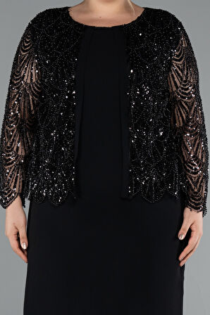 Taşlı Uzun Kol Midi Büyük Beden Davet Elbisesi ABK2417