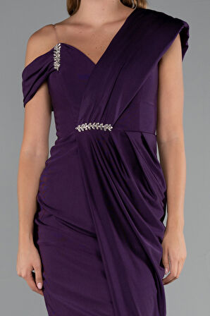 Tek Omuz Yırtmaçlı Midi Davet Elbisesi ABK2423