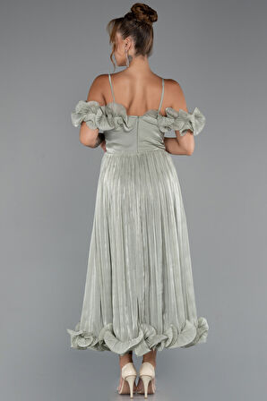 Fırfırlı Kayık Yaka Midi Şifon Davet Elbisesi ABK2425