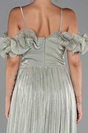 Fırfırlı Kayık Yaka Midi Şifon Davet Elbisesi ABK2425