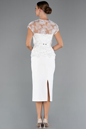 Kısa Kol Çiçek Desenli Midi Dantel Gece Elbisesi ABK2427