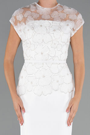 Kısa Kol Çiçek Desenli Midi Dantel Gece Elbisesi ABK2427