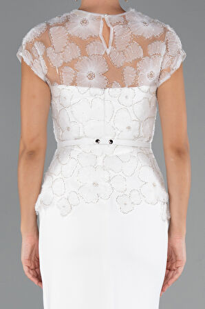 Kısa Kol Çiçek Desenli Midi Dantel Gece Elbisesi ABK2427