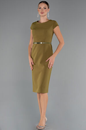 Kısa Kol Kemerli Midi Davet Elbisesi ABK2428